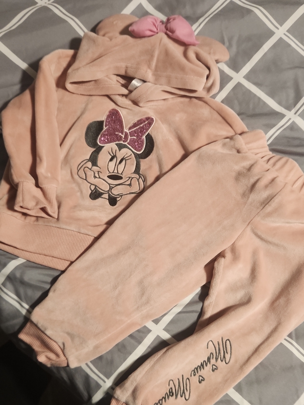 Disney Pink Minnie Mouse Velour Jogger Set with Hood and Bow